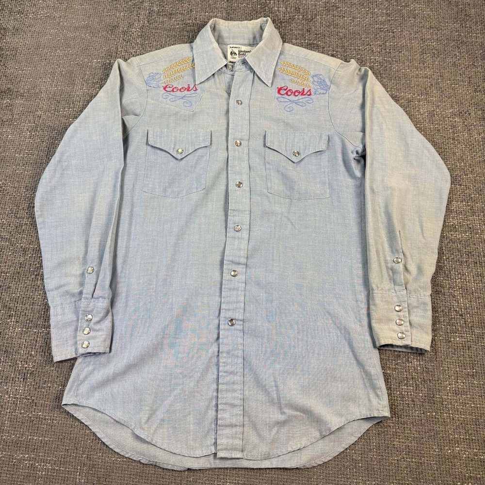 MWG Westerns Best Coors Pearl Snap Shirt Mens L Blue Vintage 70s Beer Embroidery